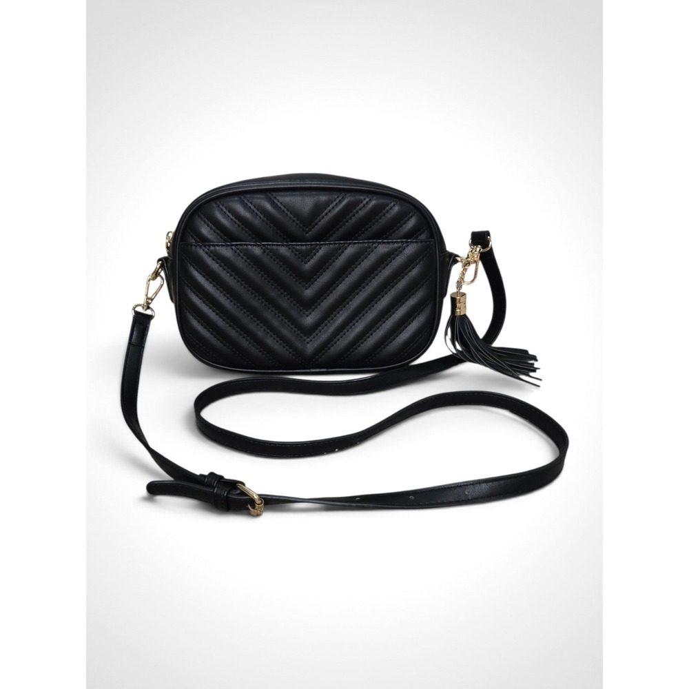 Lola Mae Black Chevron Quilted Crossbody Bag with Tassel Detail Gold Hardware